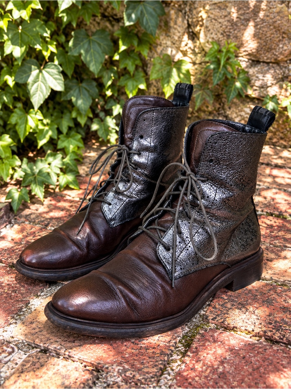 BRUNELLO CUCINELLI Distressed Brown Leather Metallic Lace-Up Combat Boots, 38.5